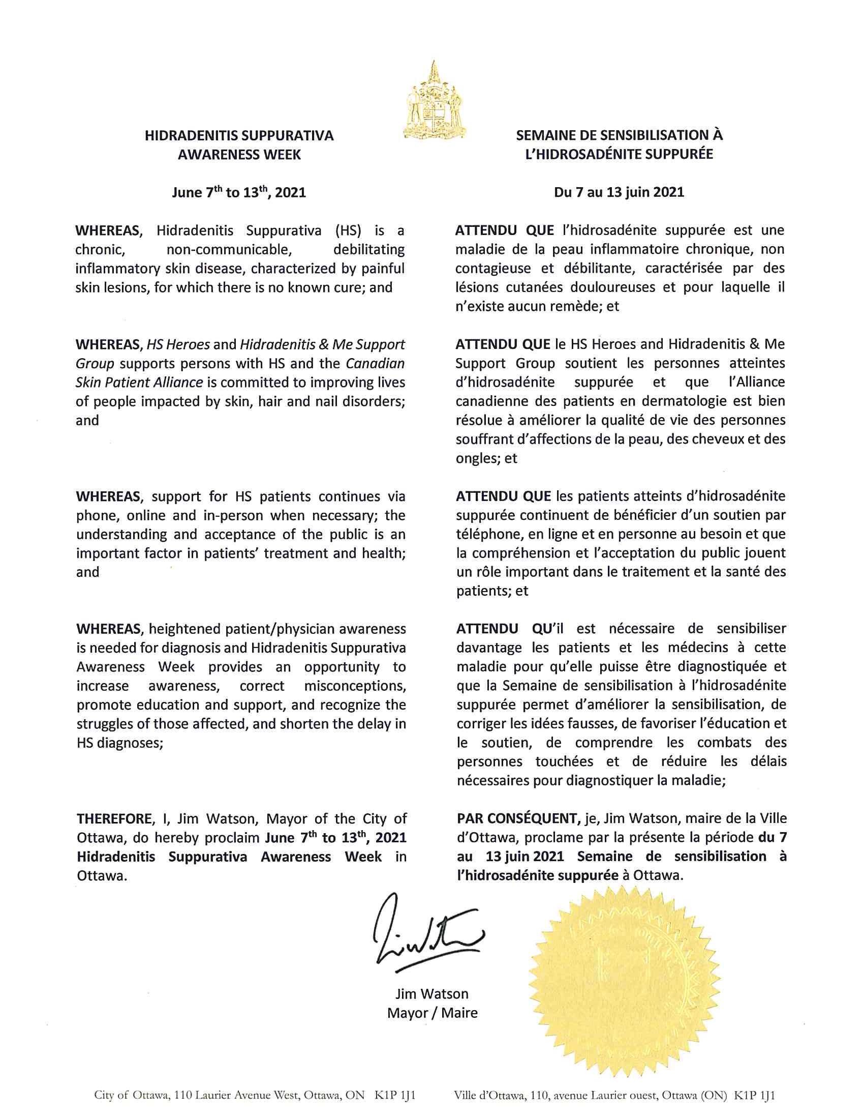 OTTAWA Proclamation 2021 Hidradenitis Suppurativa Awareness Week